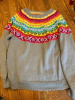 Gray Women’s Sweater with Multicolor Fair Isle Yoke